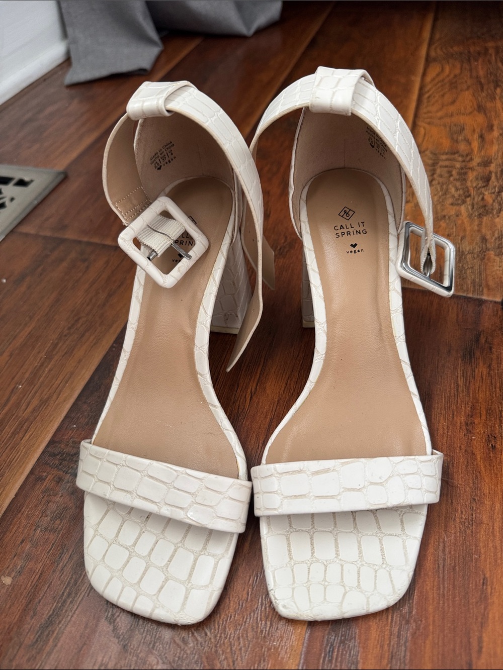 Call It Spring Off-White Croc-Embossed Block Heel Sandals